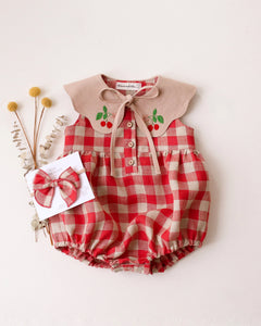 Mini Whimsy Hair Bow in Cherry Check Linen
