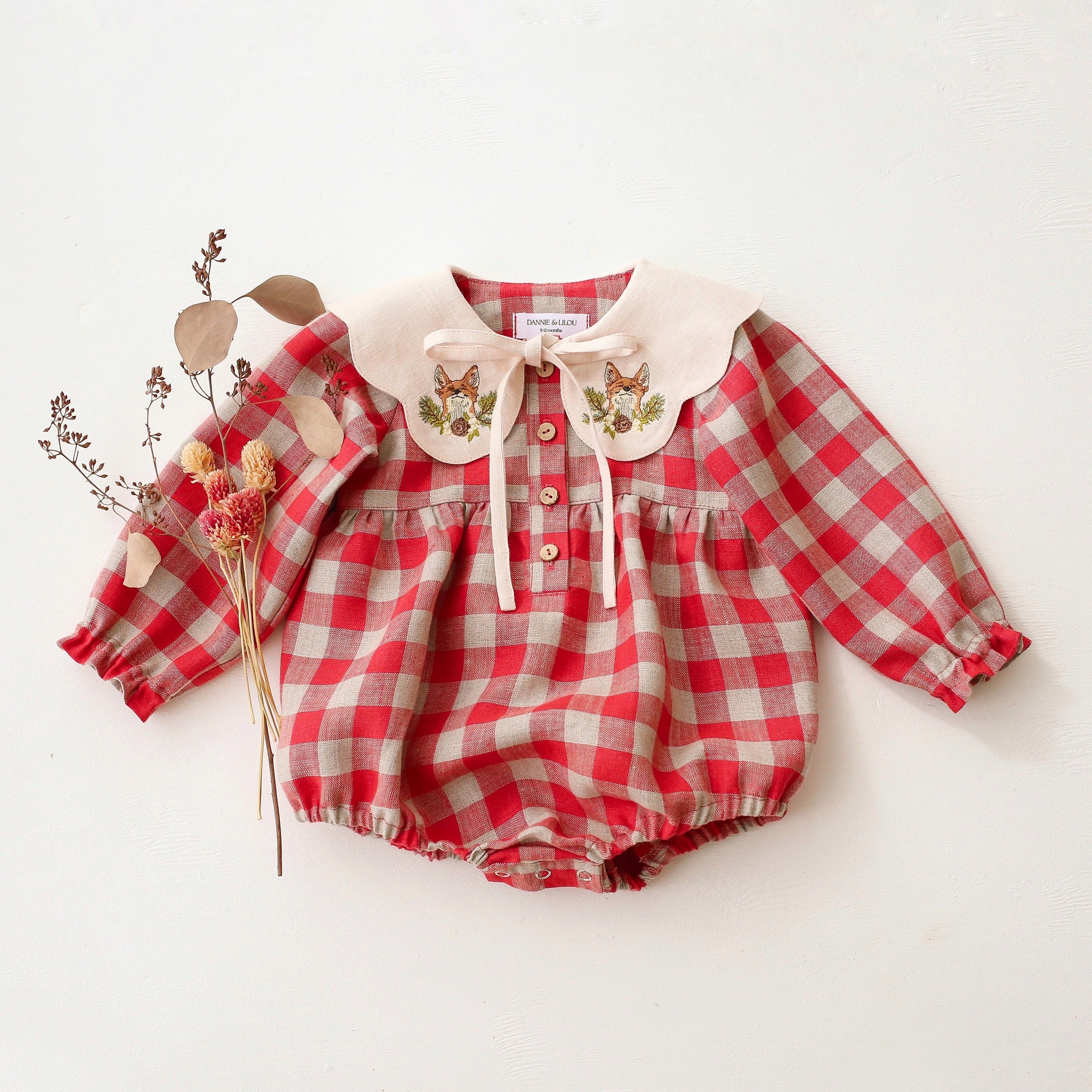 Cherry Check Linen Long Sleeve Bubble Playsuit with Petal Collar in Ivory Linen with "Fox with Pinecone" Embroidery
