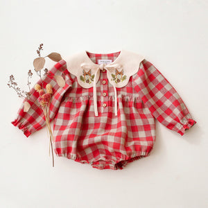 Cherry Check Linen Long Sleeve Bubble Playsuit with Petal Collar in Ivory Linen with "Fox with Pinecone" Embroidery