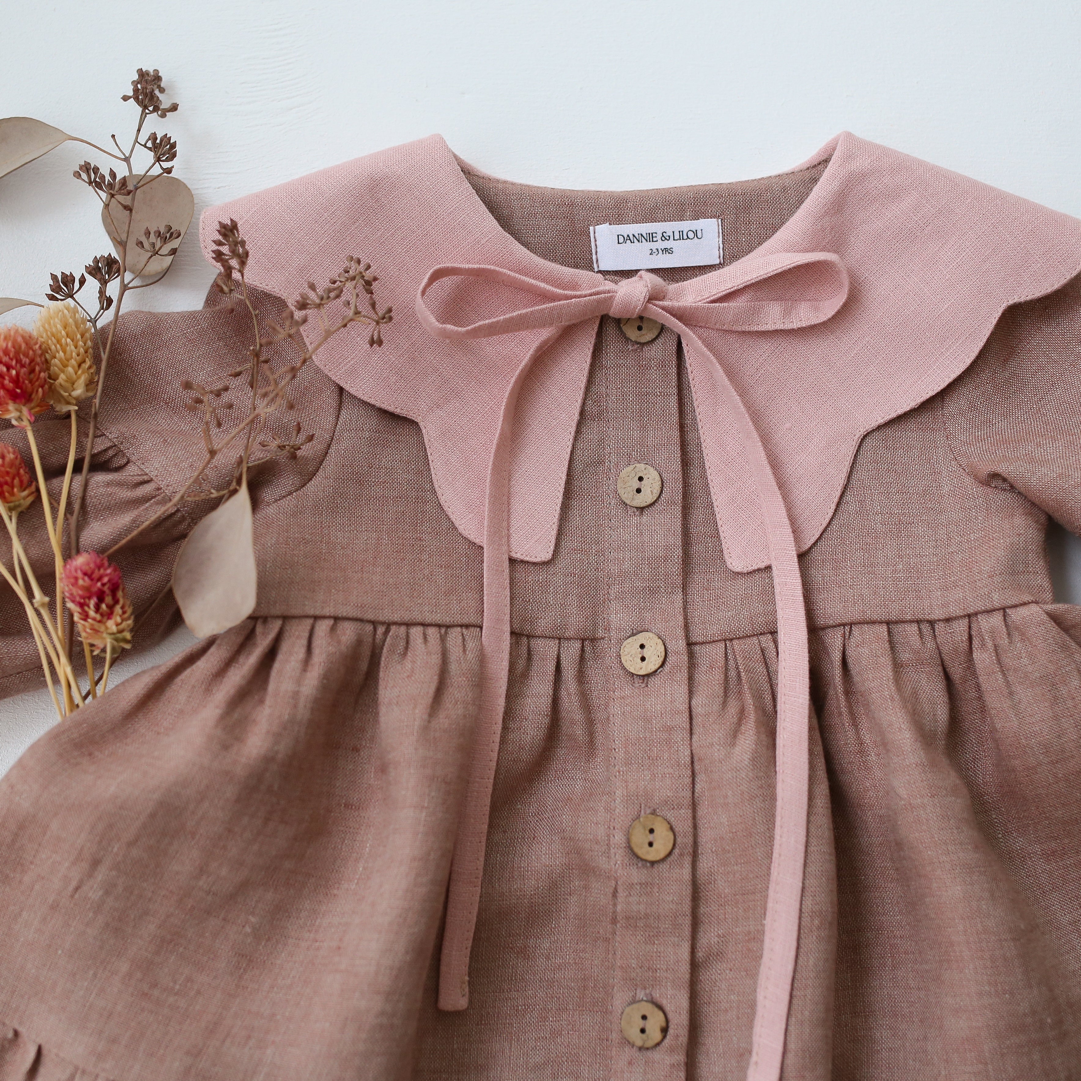 Rose Smoke Linen Lantern Sleeve Tiered Dress with Scalloped Collar in Powder Linen