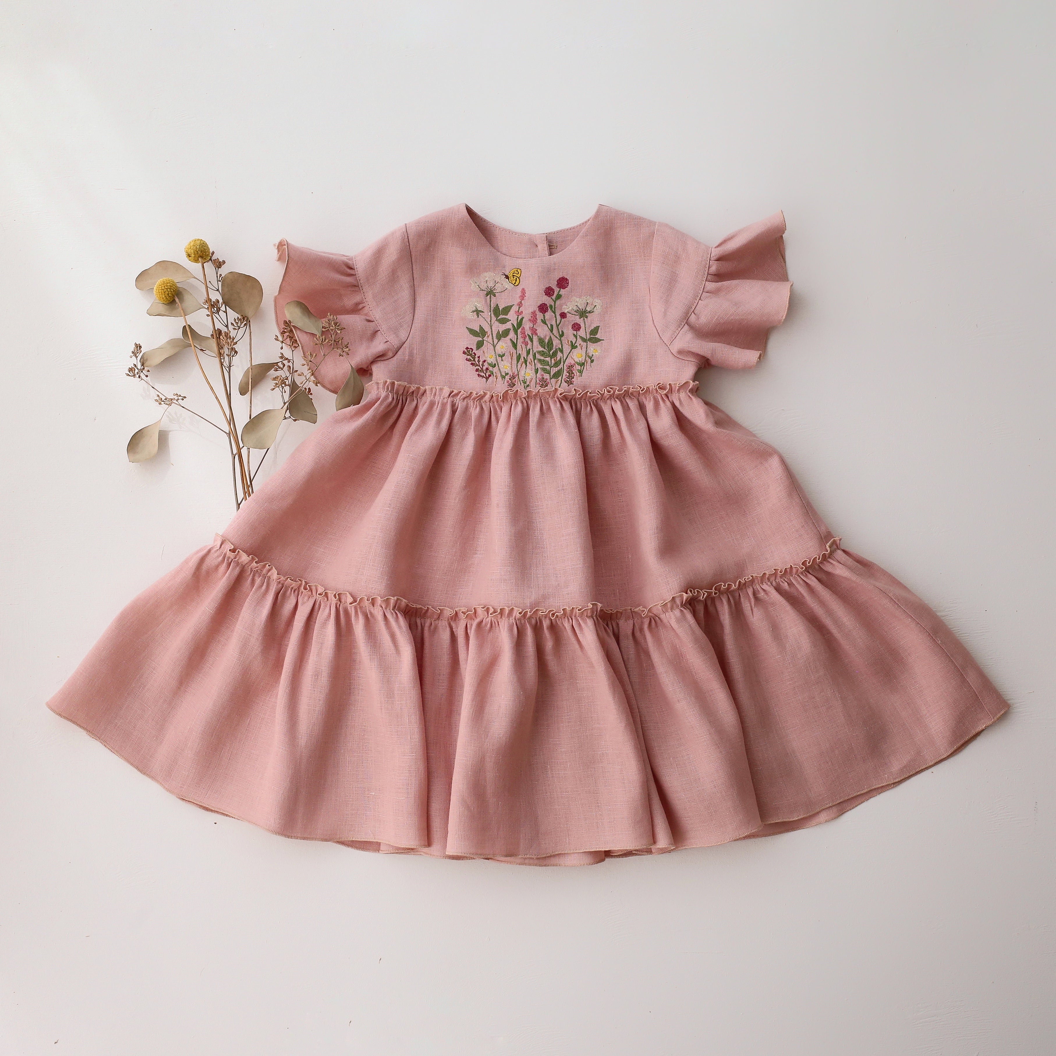 Powder Linen Flounce Sleeve Tiered Dress with "Wildflowers with Butter Dannie and Lilou Powder Linen Flounce Sleeve Tiered Dress with "Wildflowers with Butter Dannie and Lilou