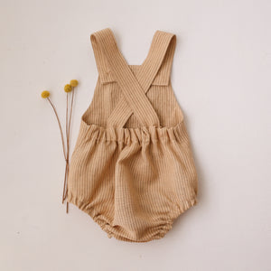Desert Tan Stripe Linen Front Pocket Straps Romper with "Rabbit" Embroidery