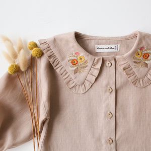 Beige Linen Frilled Collar Bubble Sleeve Blouse with "Autumn Bouquet" Embroidery