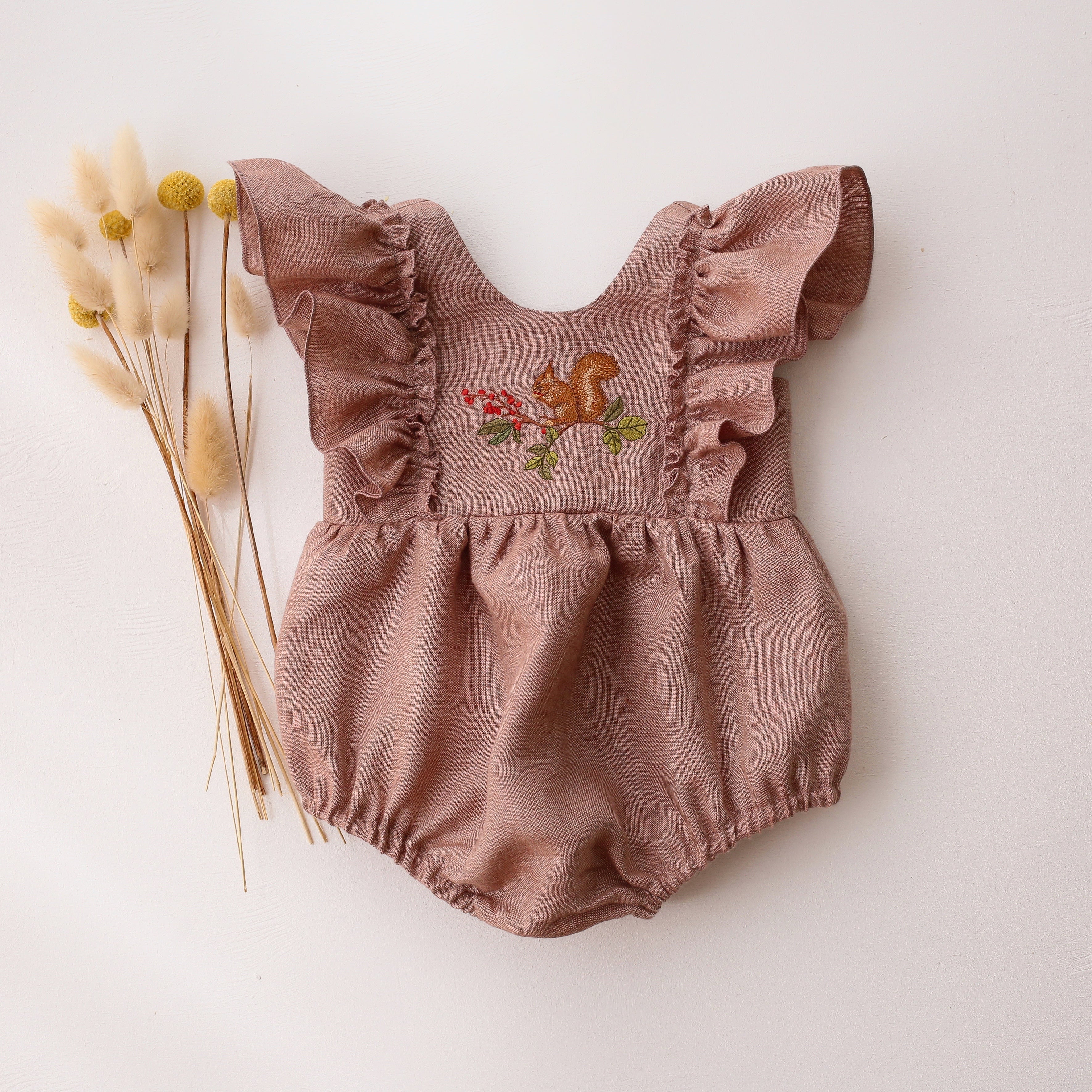 Rose Smoke Linen Ruffled Front Bubble Playsuit with “Squirrel on Berry Branch” Embroidery