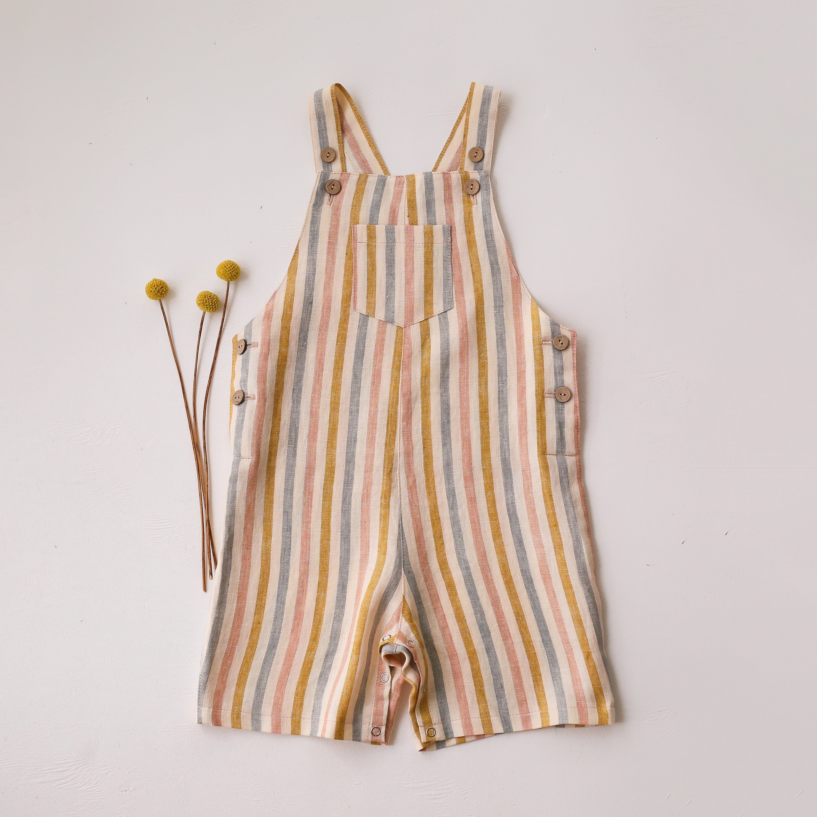 Rainbow Linen Buttoned Short Dungaree