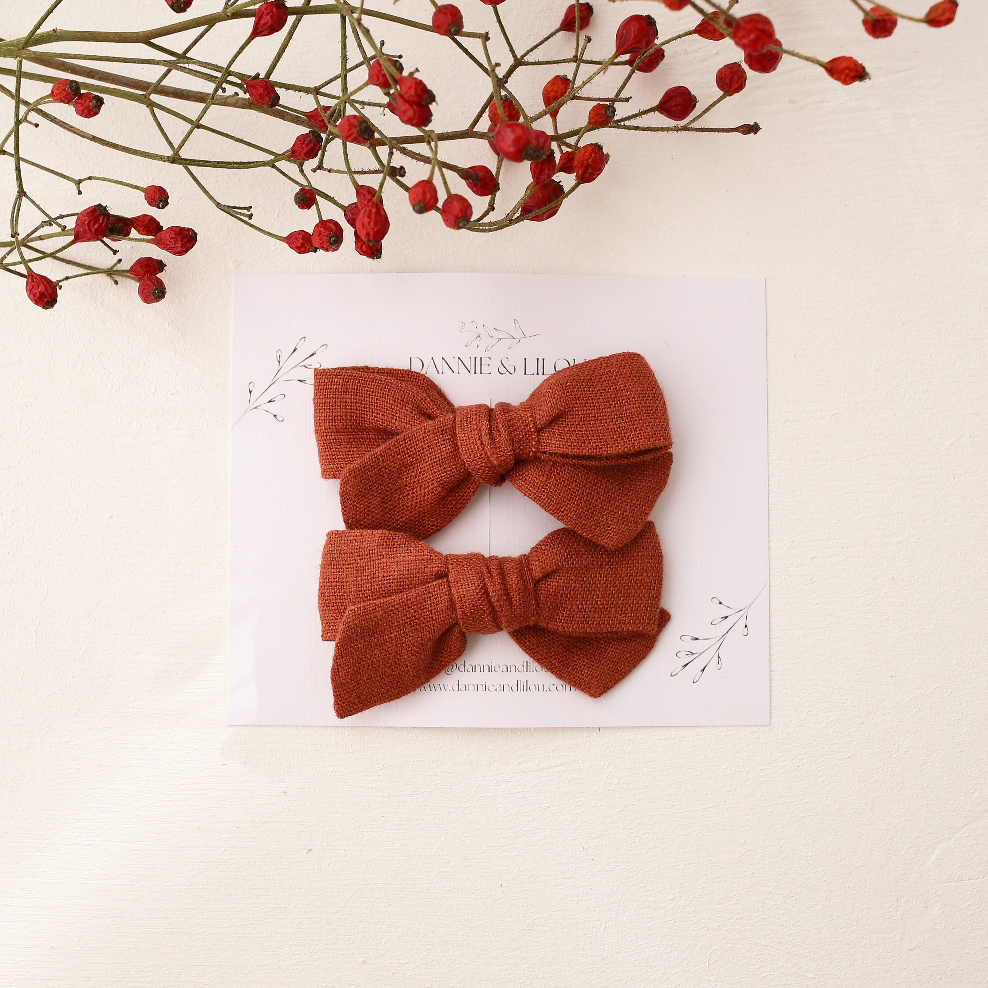 Pigtail Set - Everly Hair Bows in Rust Linen