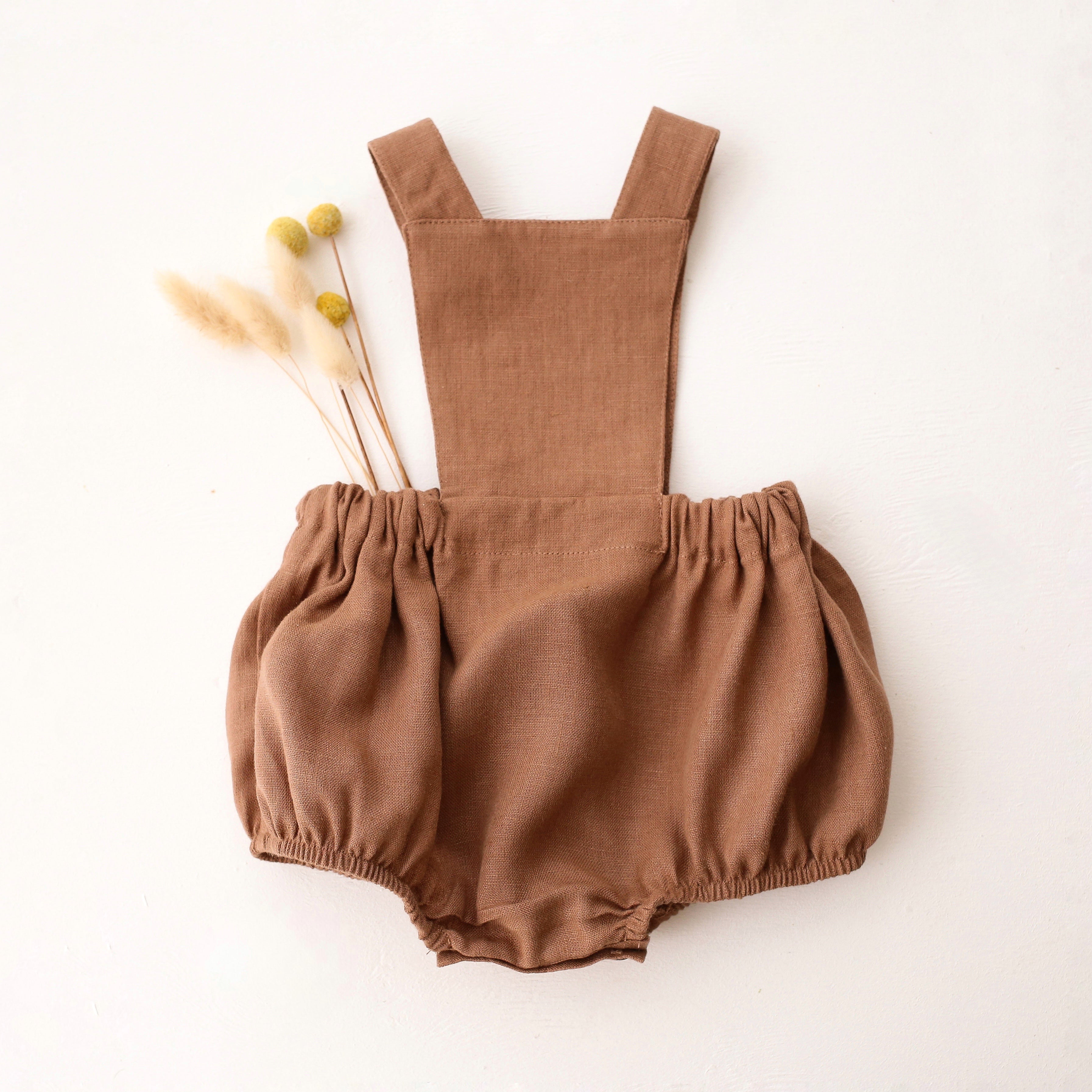 Cocoa Brown Linen Pinafore Romper with “Clover Meadow” Embroidery