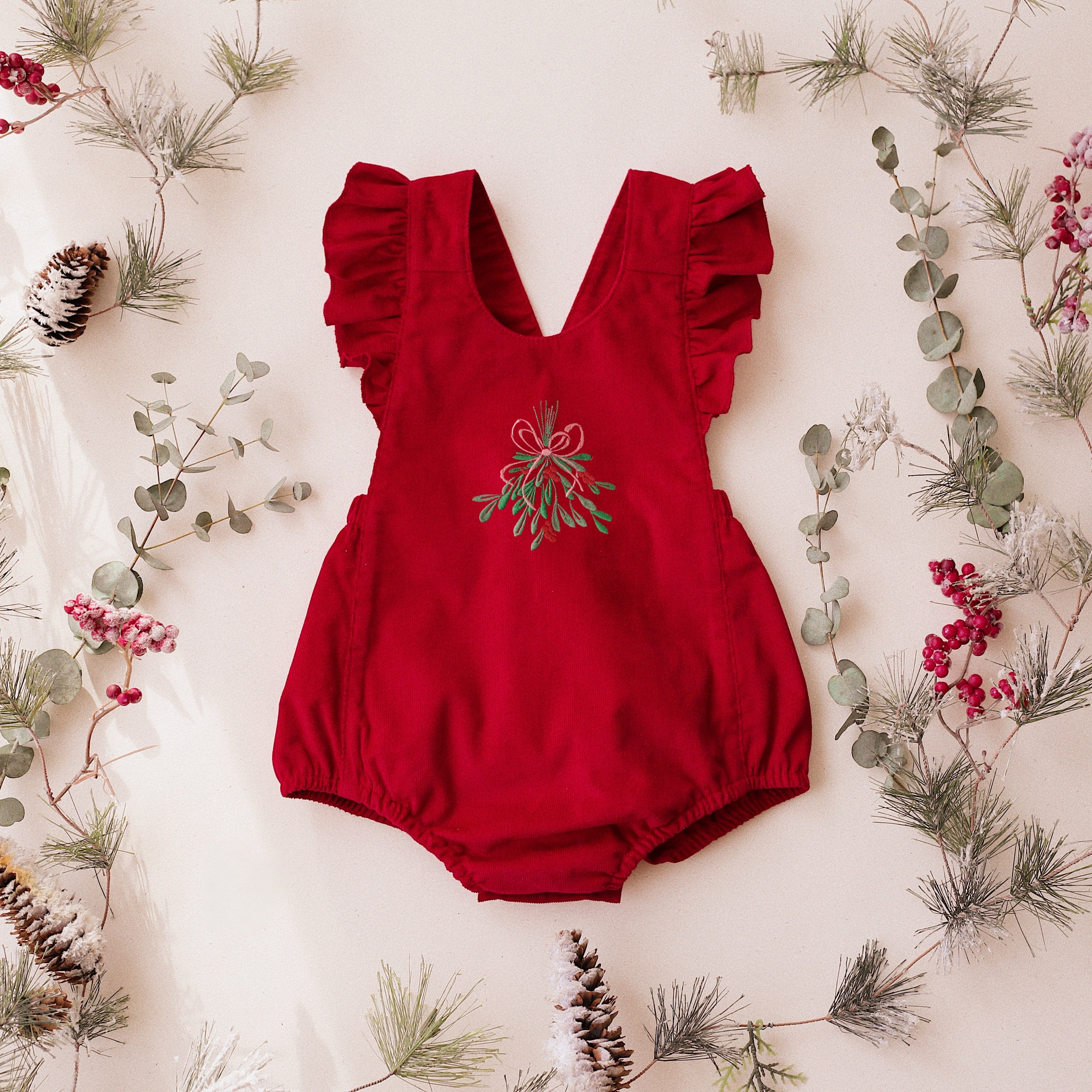 Scarlet Red Linen Ruffle Straps Romper with “Christmas Mistletoe” Embroidery