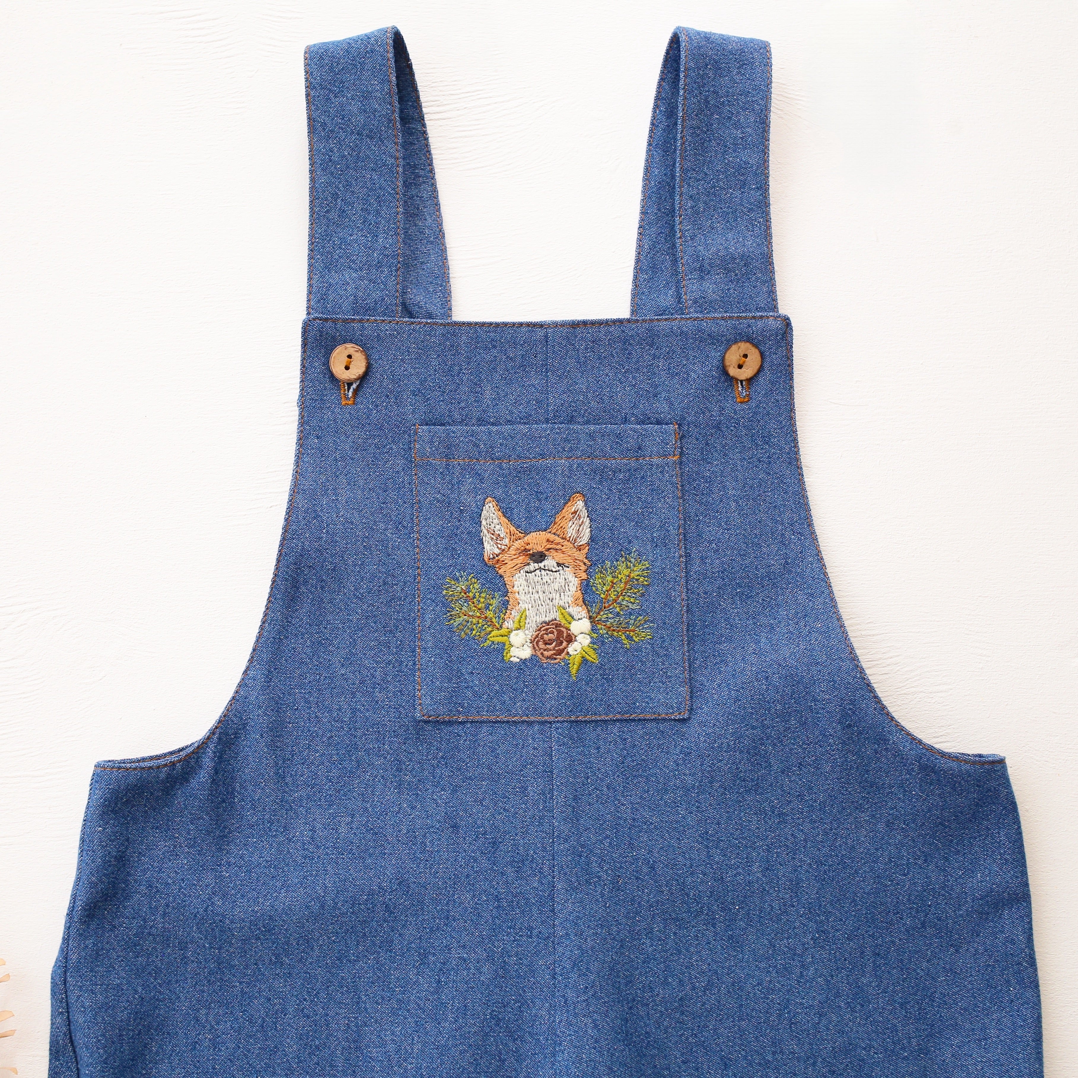 Dark Blue Denim Buttoned Overalls with "Fox with Pinecone" Embroidery