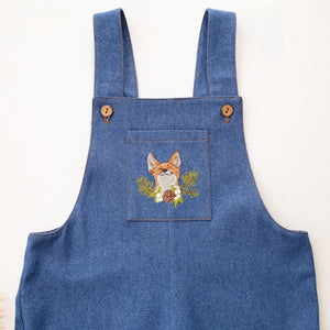 Dark Blue Denim Buttoned Overalls with "Fox with Pinecone" Embroidery