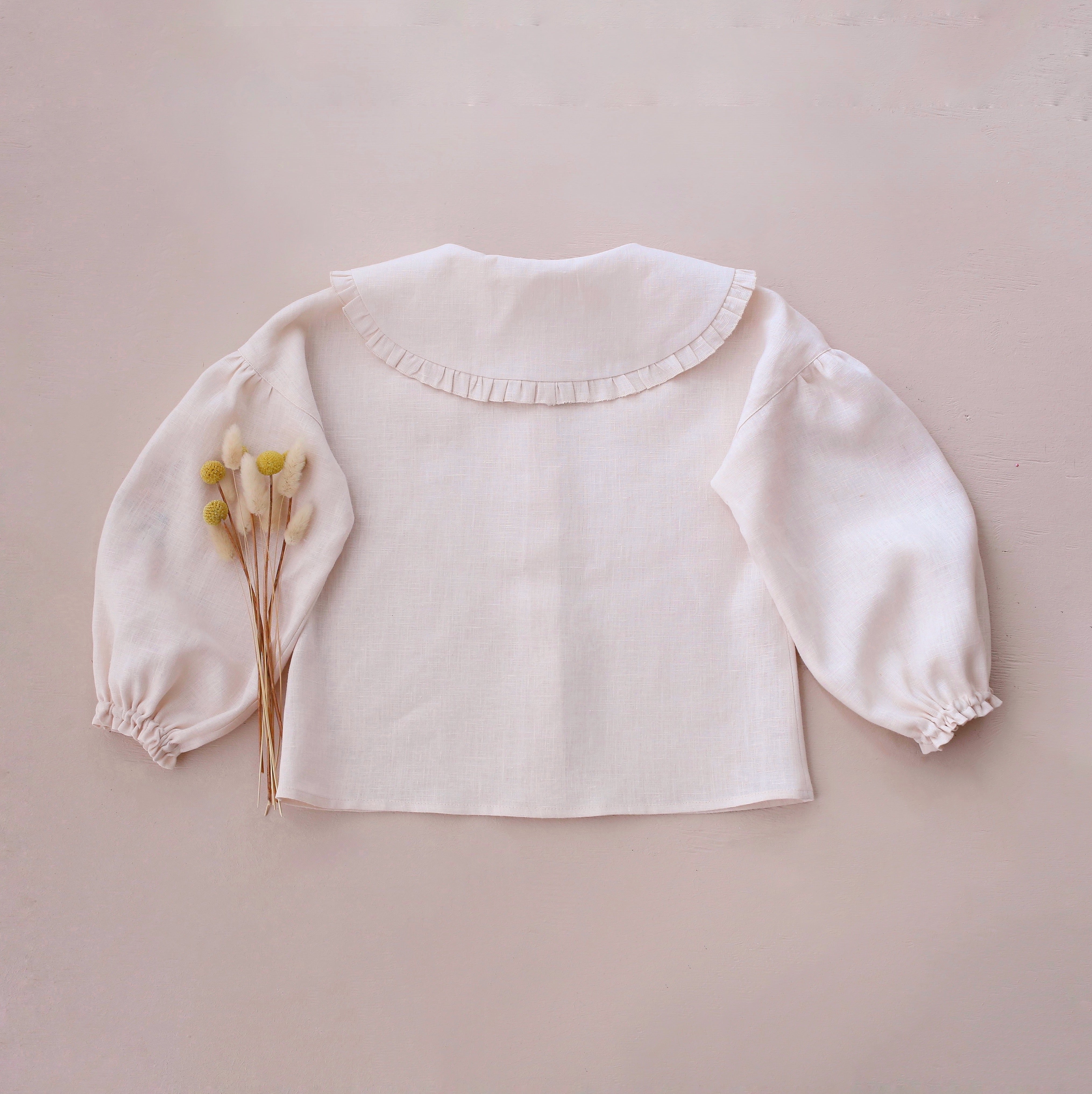 Ivory Linen Frilled Collar Bubble Sleeve Blouse with "Tiny Blossom" Embroidery