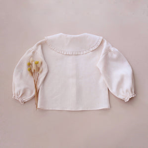 Ivory Linen Frilled Collar Bubble Sleeve Blouse with "Tiny Blossom" Embroidery