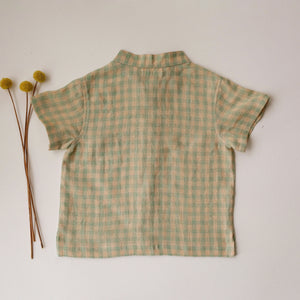 Green Gingham Linen Short Sleeve Shirt with Band Collar