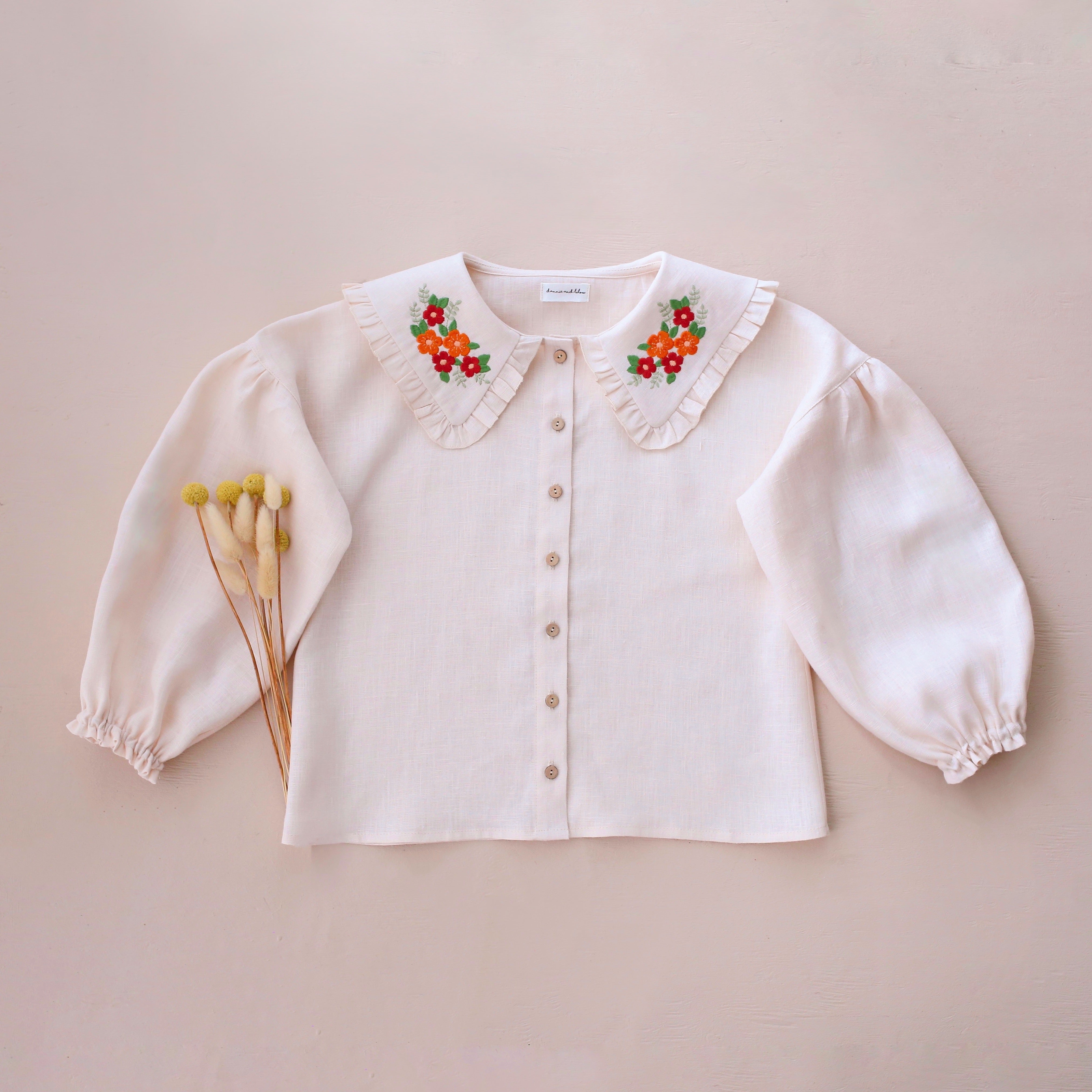 Ivory Linen Frilled Collar Bubble Sleeve Blouse with "Tiny Blossom" Embroidery