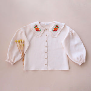 Ivory Linen Frilled Collar Bubble Sleeve Blouse with "Tiny Blossom" Embroidery