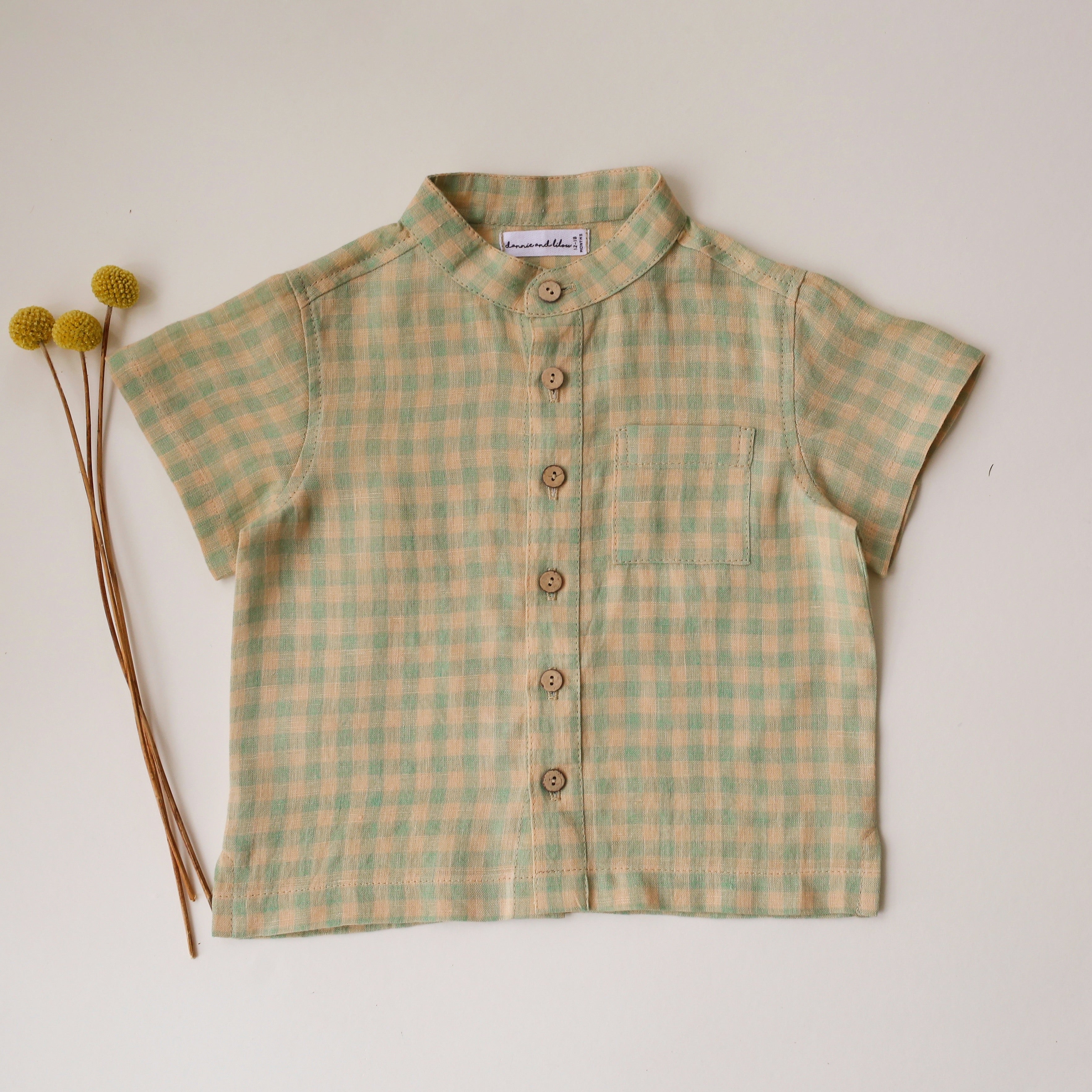 Green Gingham Linen Short Sleeve Shirt with Band Collar