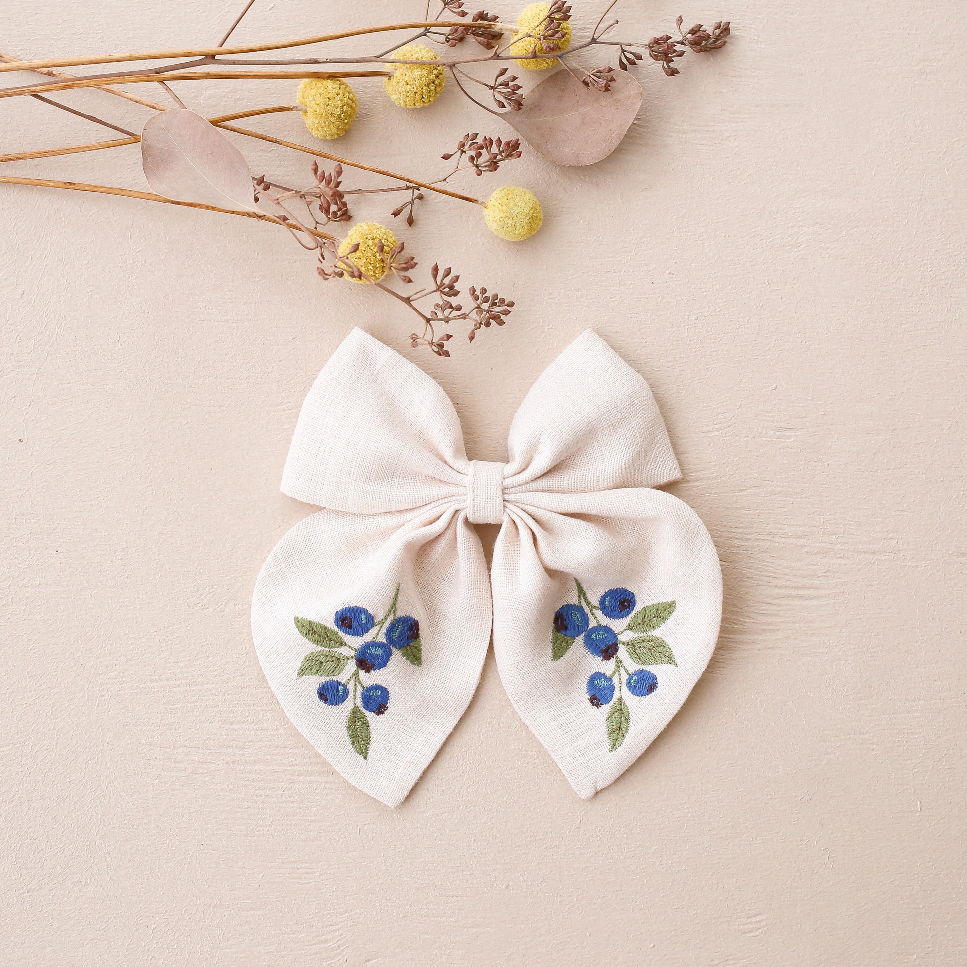 Embroidered Hair Bow with "Blueberry" Embroidery in Ivory Linen