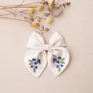 Embroidered Hair Bow with "Blueberry" Embroidery in Ivory Linen
