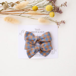 Pigtail Set - Everly Hair Bows in Blue & Peach Gingham Linen