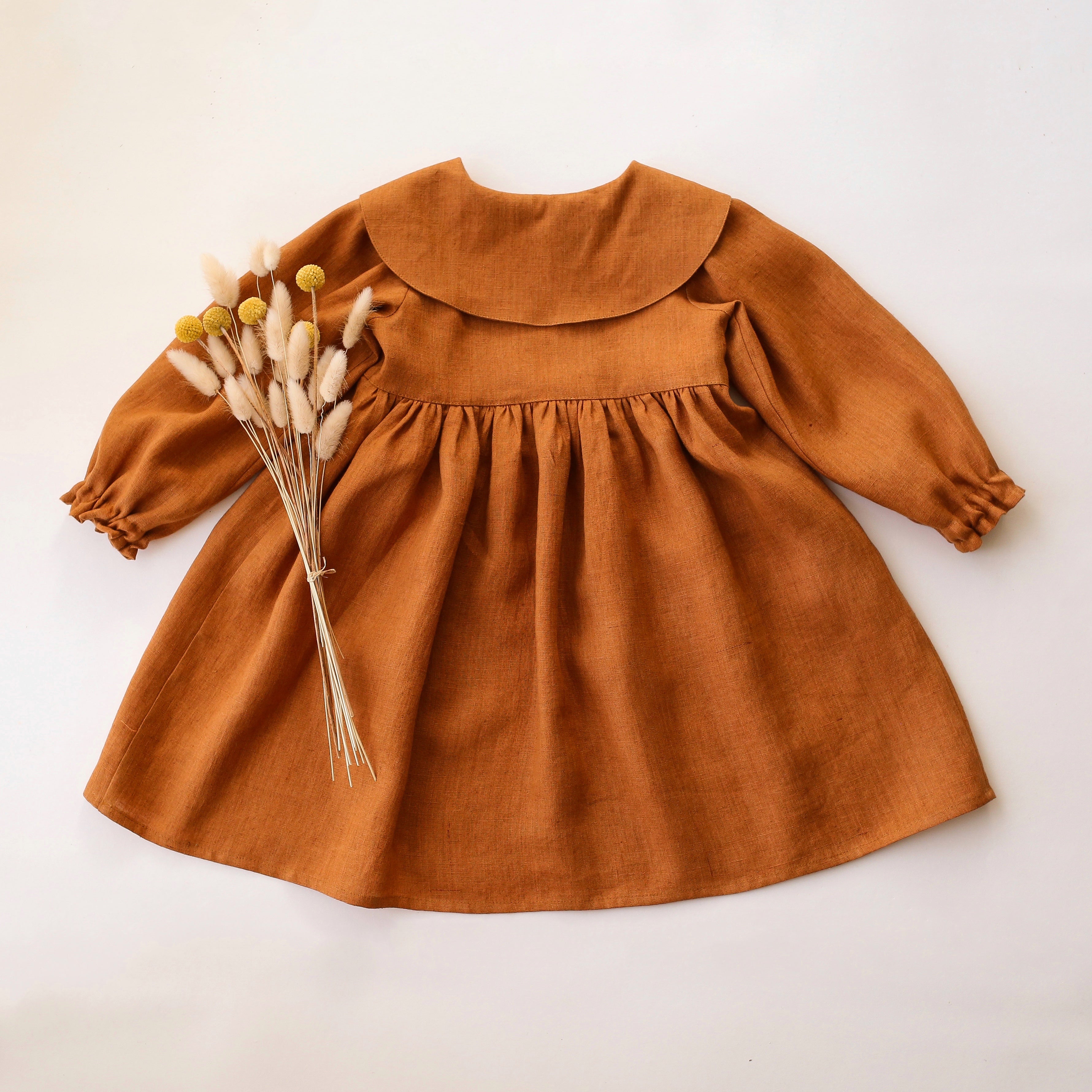 Burnt Orange Linen Long Sleeve Pointed Collar Dress