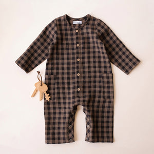 6-12 months - Taupe & Black Ckeck Linen Long Sleeve Buttoned Jumpsuit with Pockets