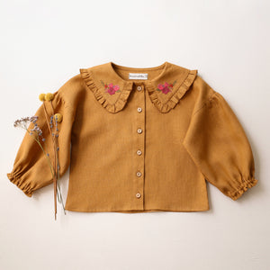 Mustard Linen Frilled Collar Bubble Sleeve Blouse with "Mini Flowers" Embroidery