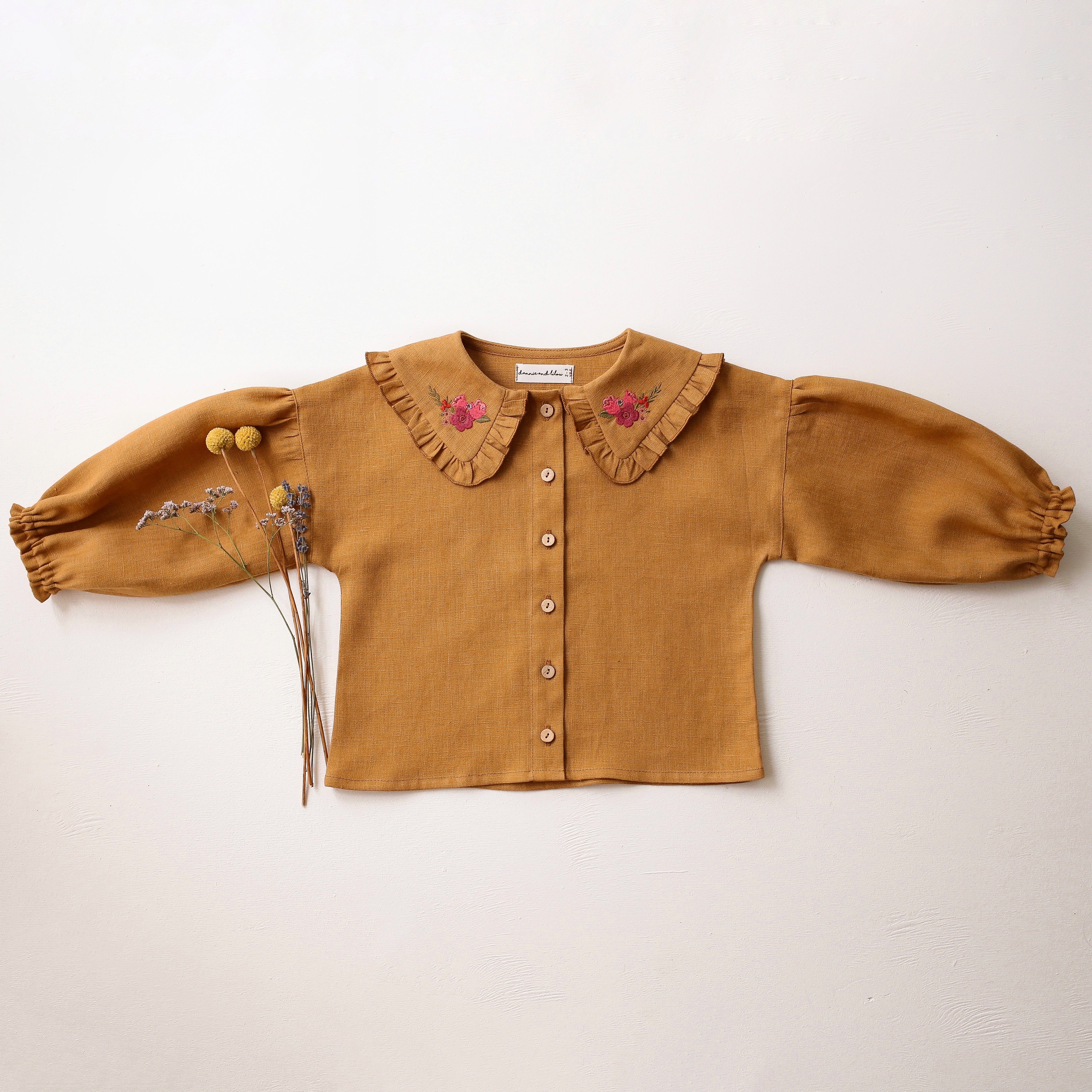 Mustard Linen Frilled Collar Bubble Sleeve Blouse with "Mini Flowers" Embroidery