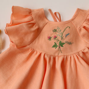 Peach Linen Flutter Sleeve Tie Back Blouse with "Bouquet 2" Embroidery