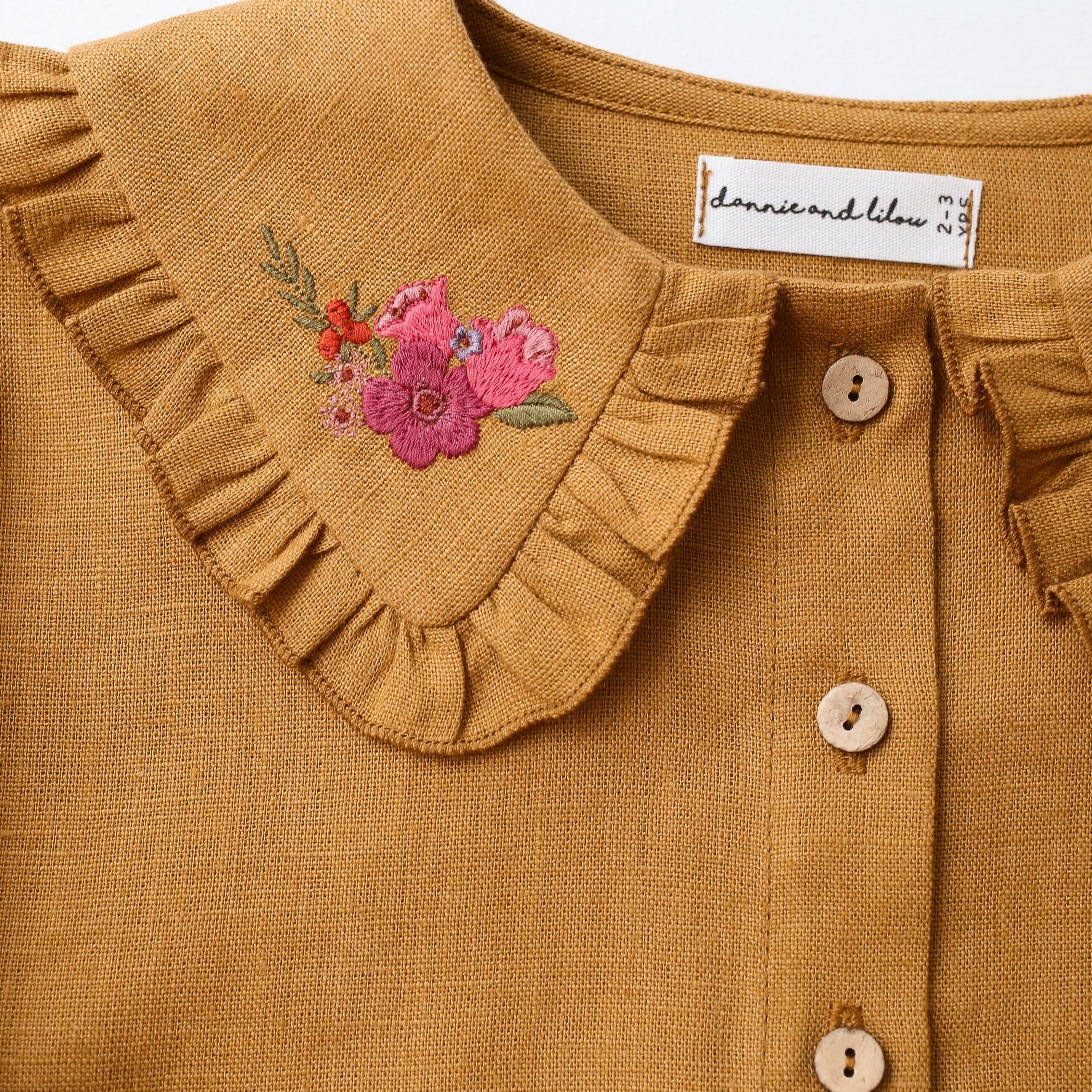 Mustard Linen Frilled Collar Bubble Sleeve Blouse with "Mini Flowers" Embroidery