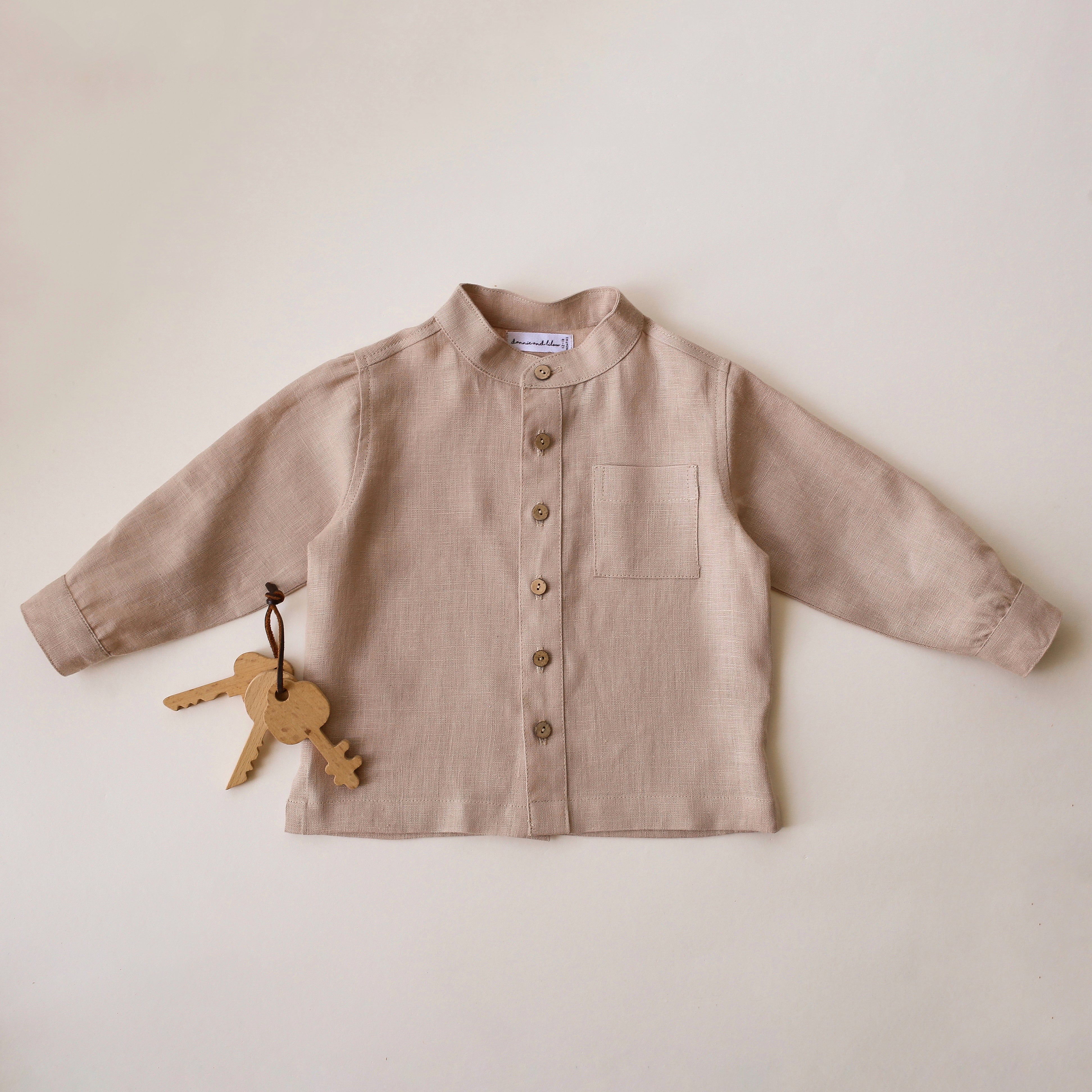 Beige Linen Long Sleeve Shirt with Band Collar