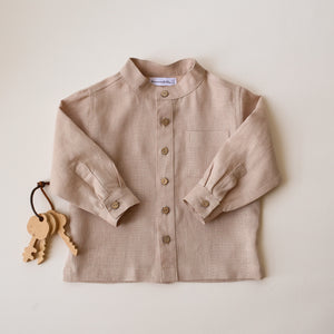 Beige Linen Long Sleeve Shirt with Band Collar