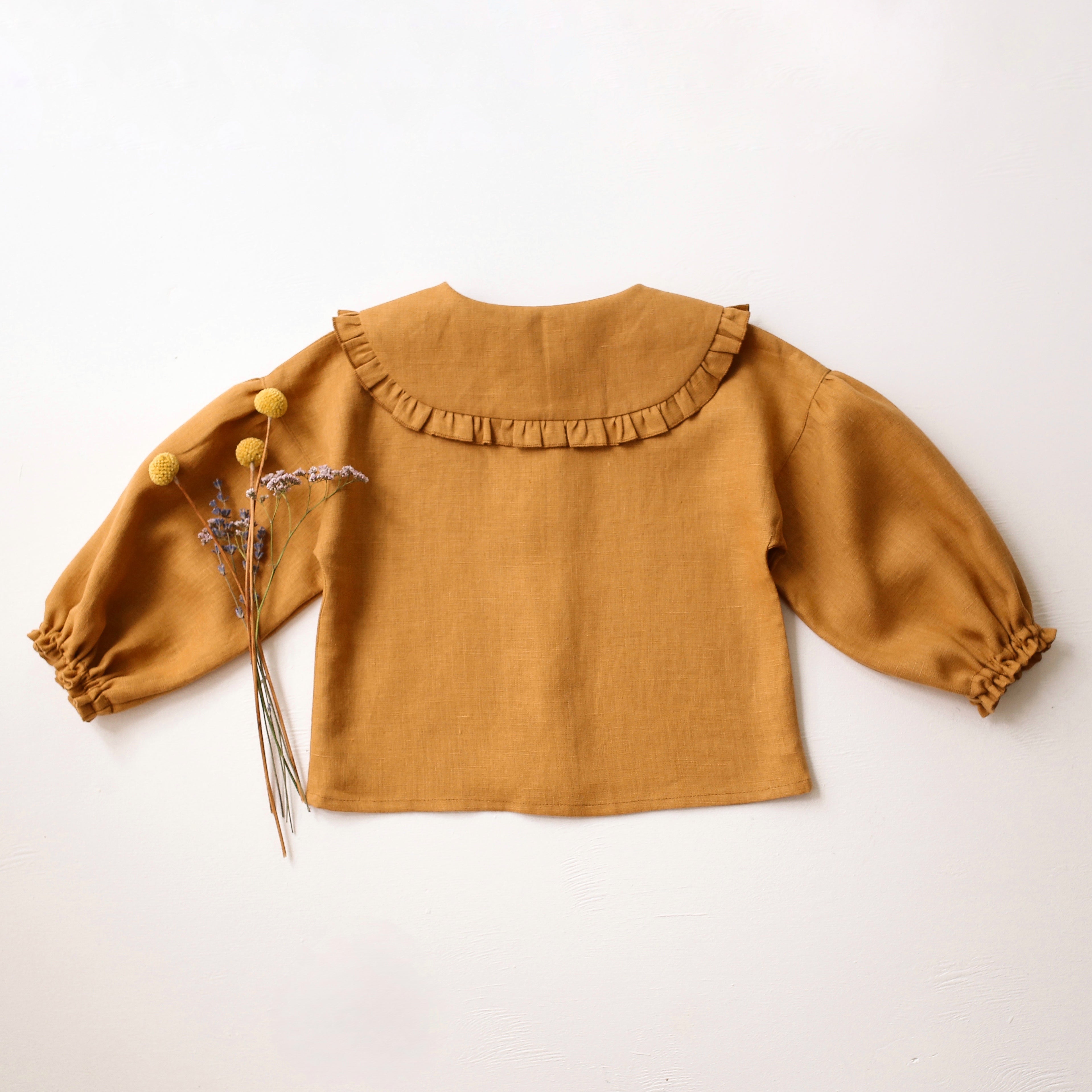 Mustard Linen Frilled Collar Bubble Sleeve Blouse with "Mini Flowers" Embroidery