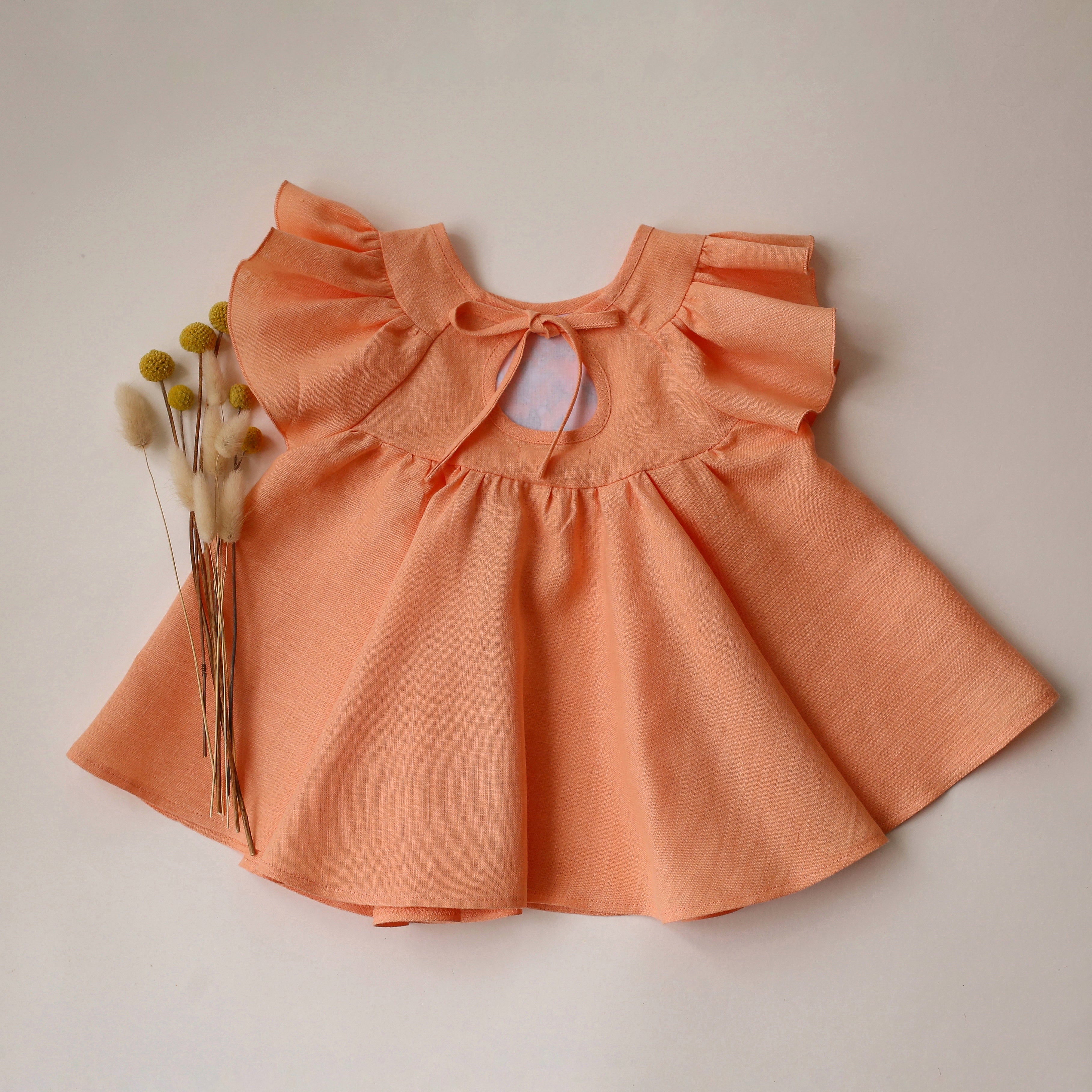 Peach Linen Flutter Sleeve Tie Back Blouse with "Bouquet 2" Embroidery