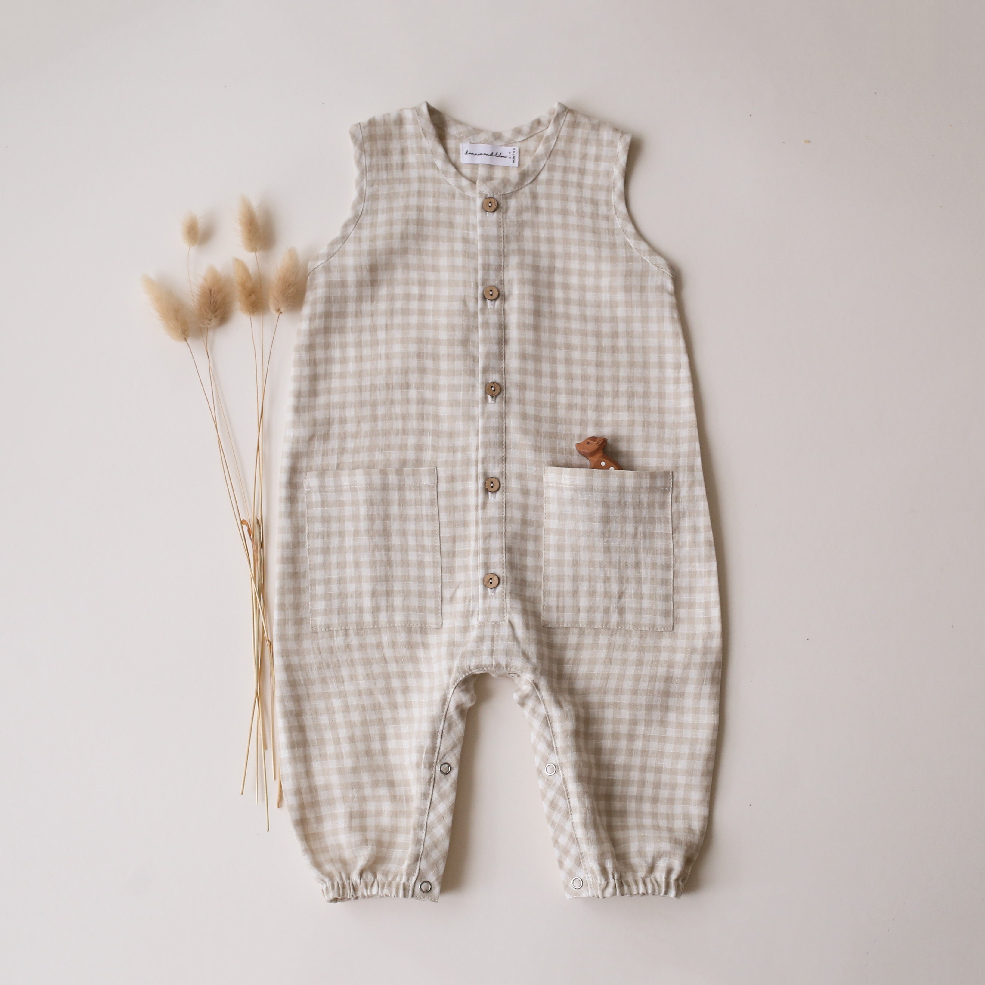 6-9 months - Beige Gingham Linen Tank Buttoned Jumpsuit with Pockets