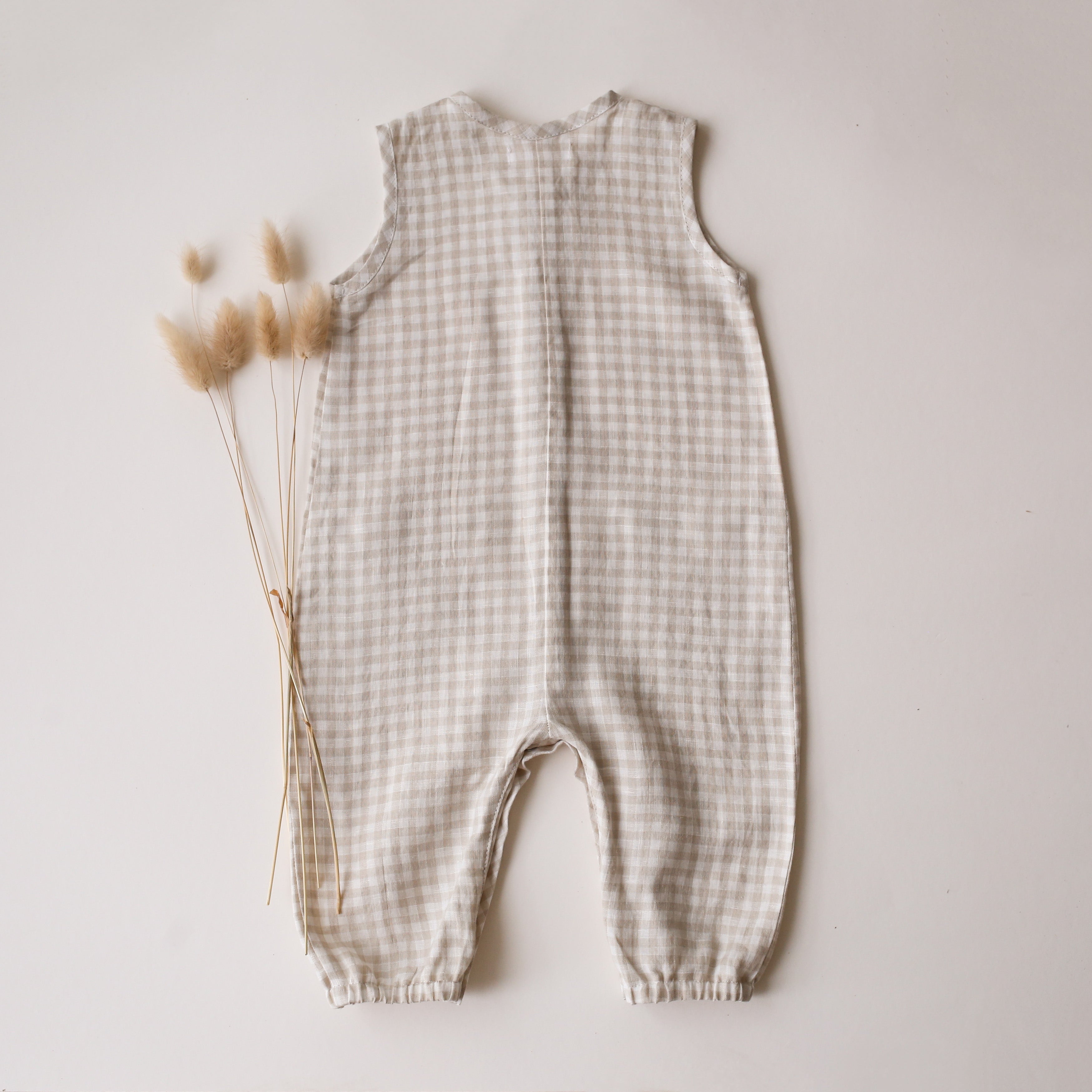 6-9 months - Beige Gingham Linen Tank Buttoned Jumpsuit with Pockets