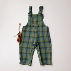 Moss Green Check Linen Dungarees with "Oak Branch" Embroidery