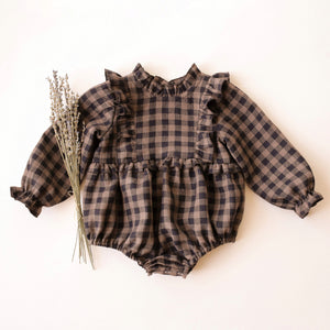 Taupe & Black Check Linen Long Sleeve Frills Bodice Bubble Playsuit