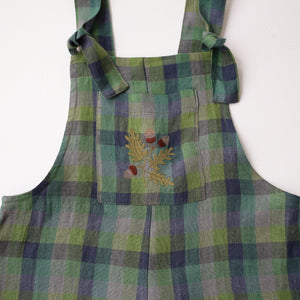 Moss Green Check Linen Dungarees with "Oak Branch" Embroidery