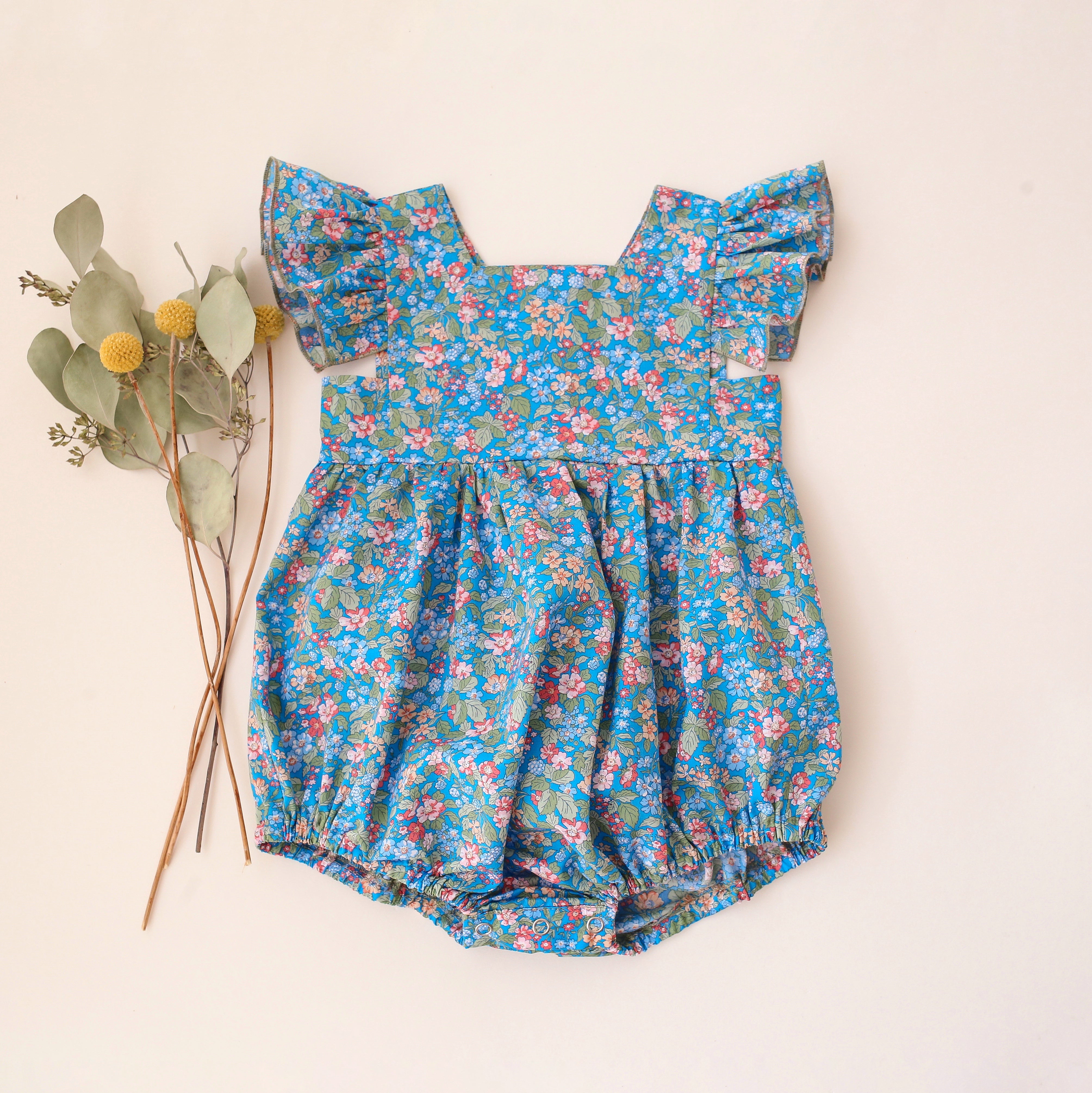 Flutter Sleeve Square Neckline Bubble Playsuit in Hedgerow Ramble Liberty Print