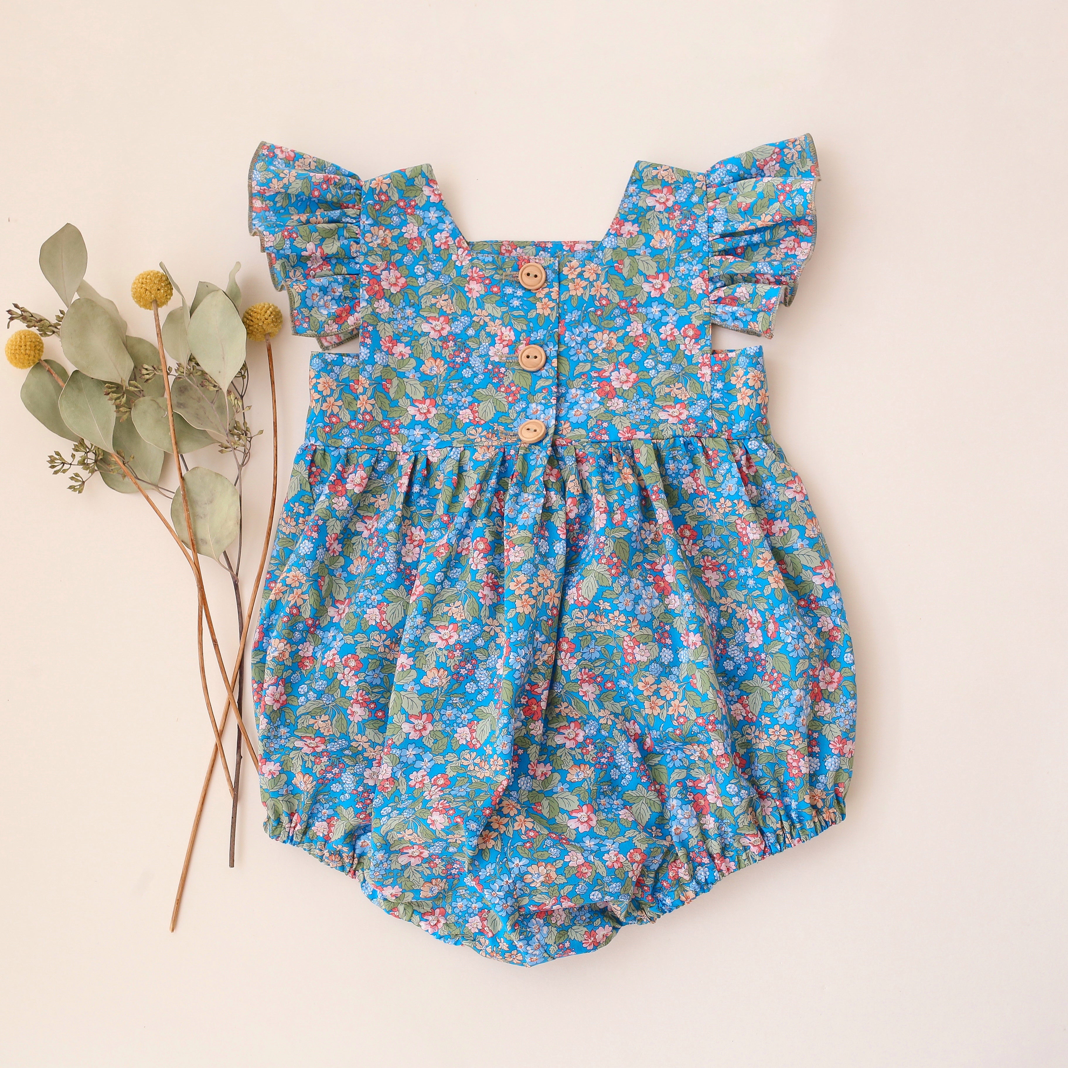 Flutter Sleeve Square Neckline Bubble Playsuit in Hedgerow Ramble Liberty Print