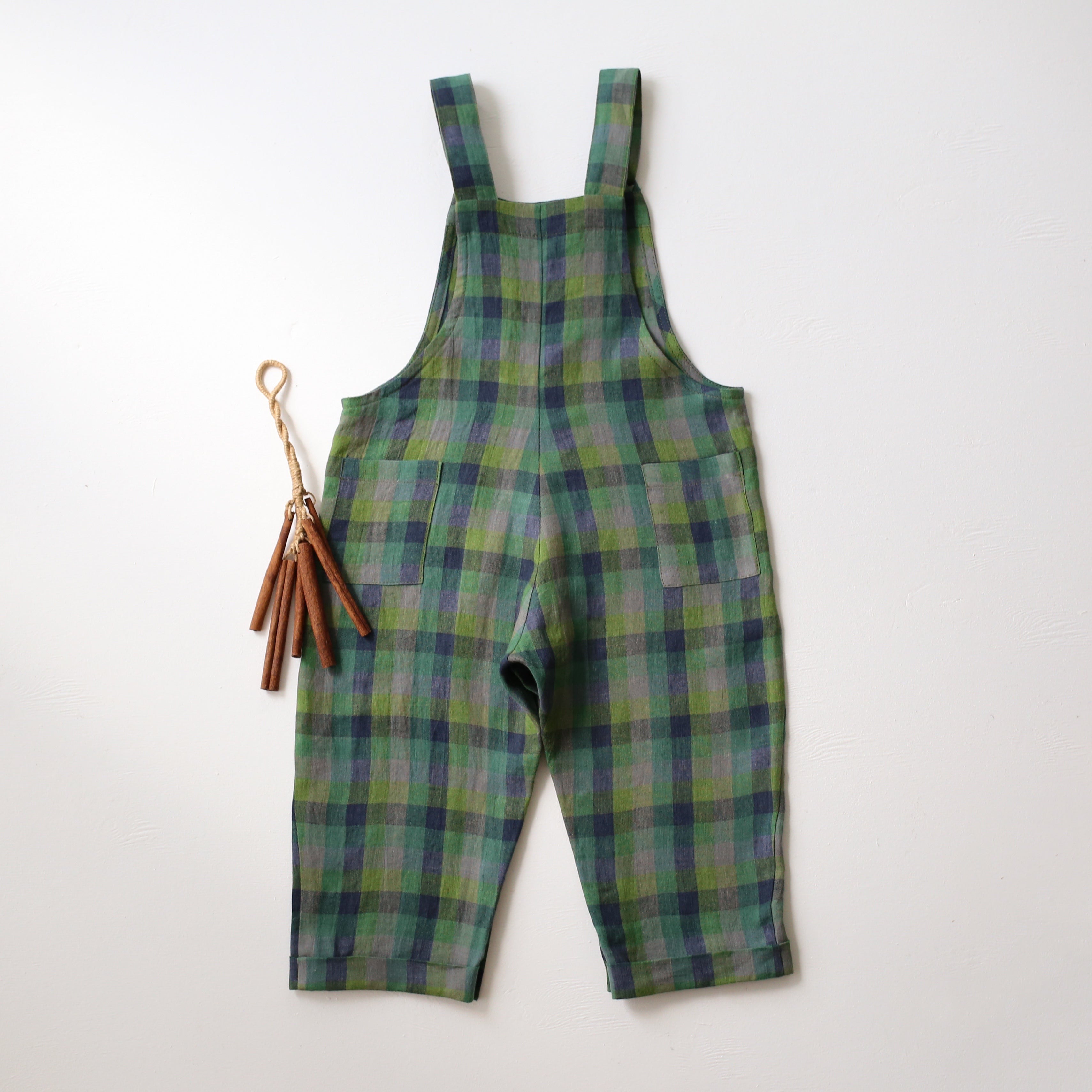 Moss Green Check Linen Dungarees with "Oak Branch" Embroidery