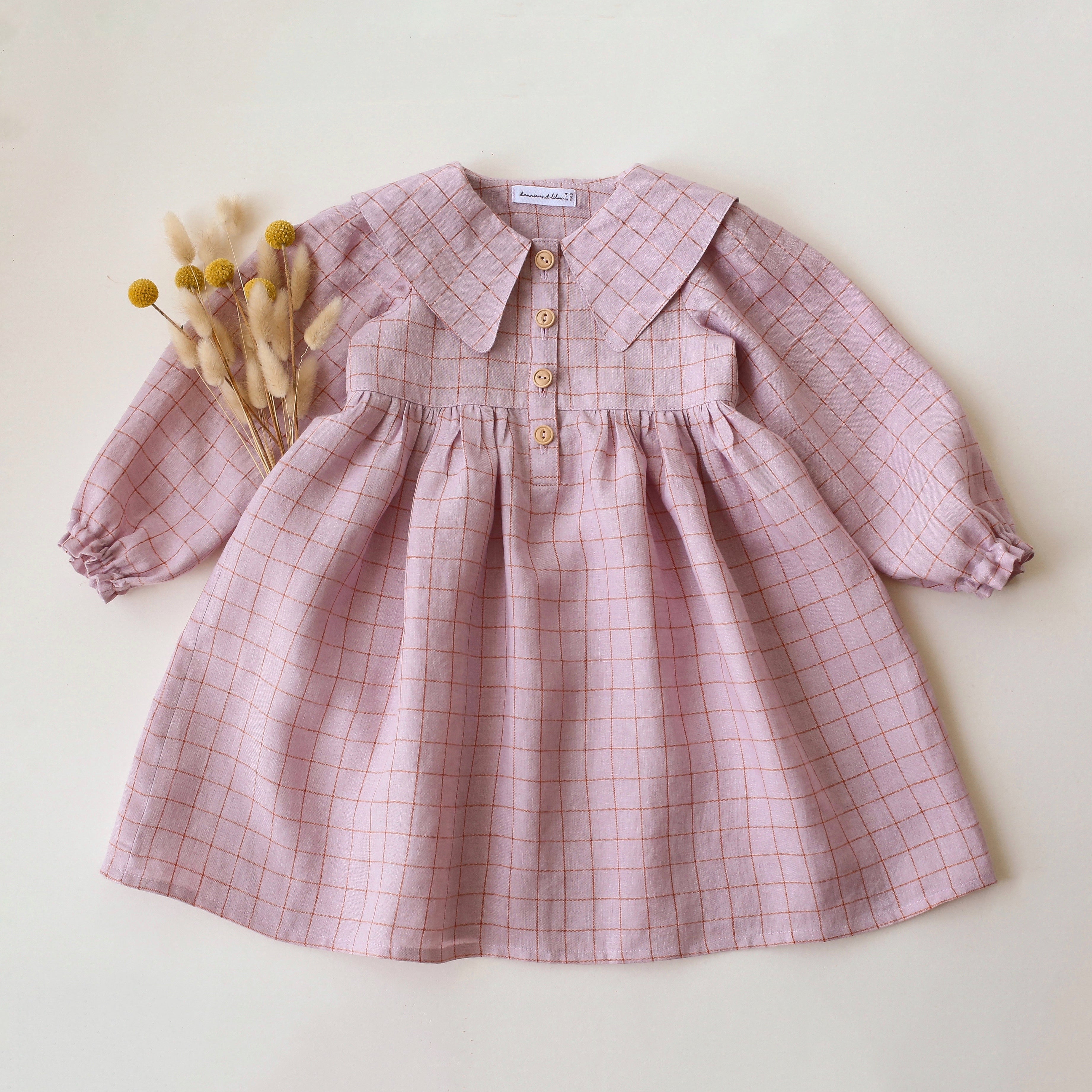 Powder Check Linen Long Sleeve Pointed Collar Dress