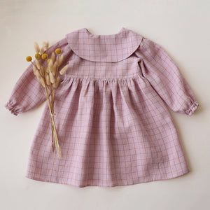 Powder Check Linen Long Sleeve Pointed Collar Dress