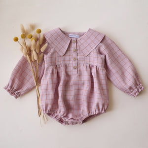 Powder Check Linen Long Sleeve Pointed Collar Bubble Playsuit