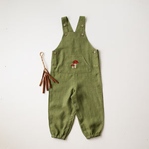 Grass Stripe Linen Kangaroo Pocket Buttoned Dungaree with "Fly Agaric Mushrooms" Embroidery