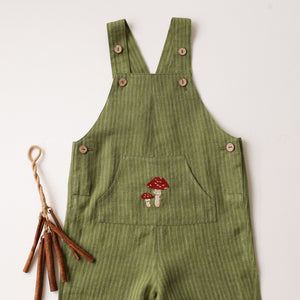 Grass Stripe Linen Kangaroo Pocket Buttoned Dungaree with "Fly Agaric Mushrooms" Embroidery