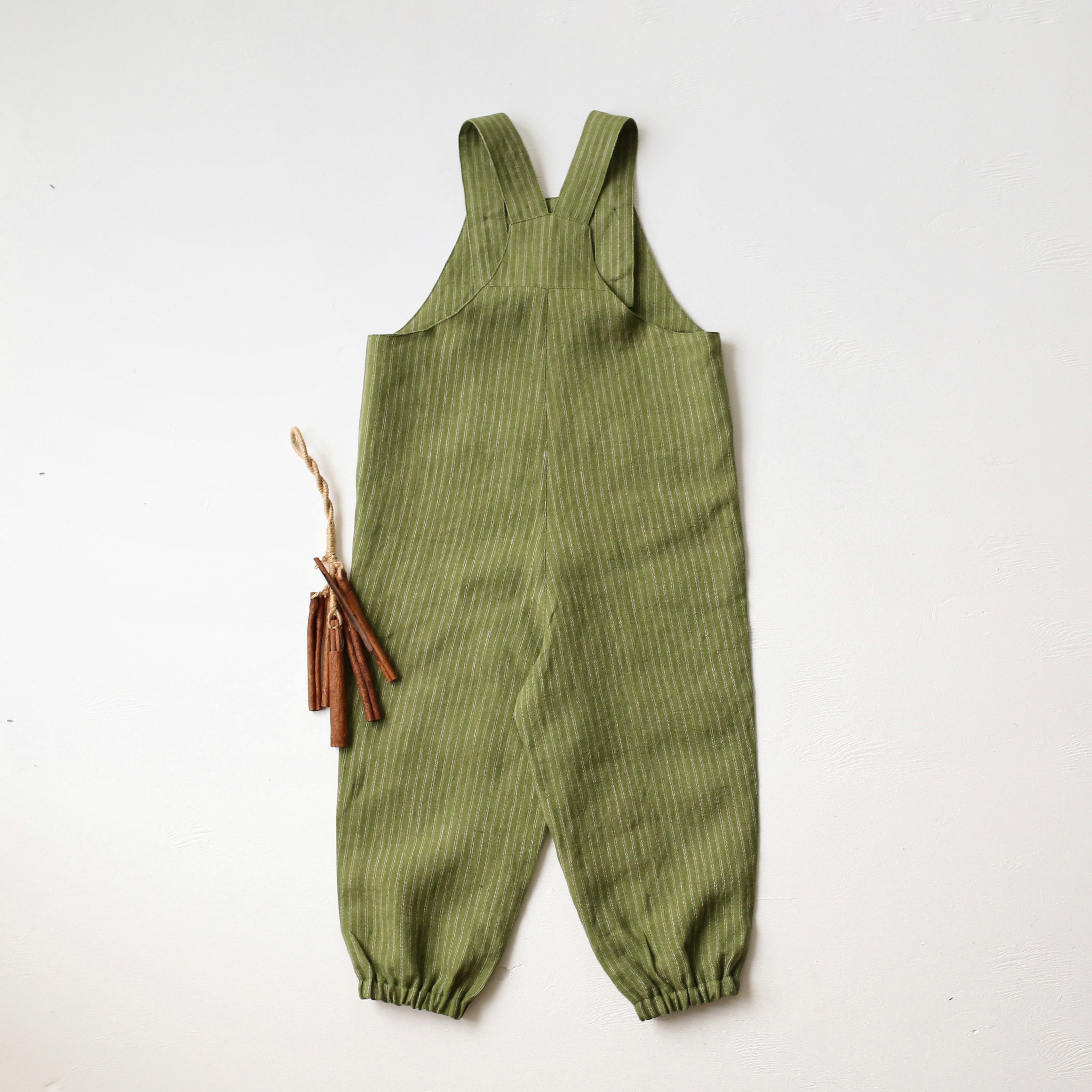 Grass Stripe Linen Kangaroo Pocket Buttoned Dungaree with "Fly Agaric Mushrooms" Embroidery