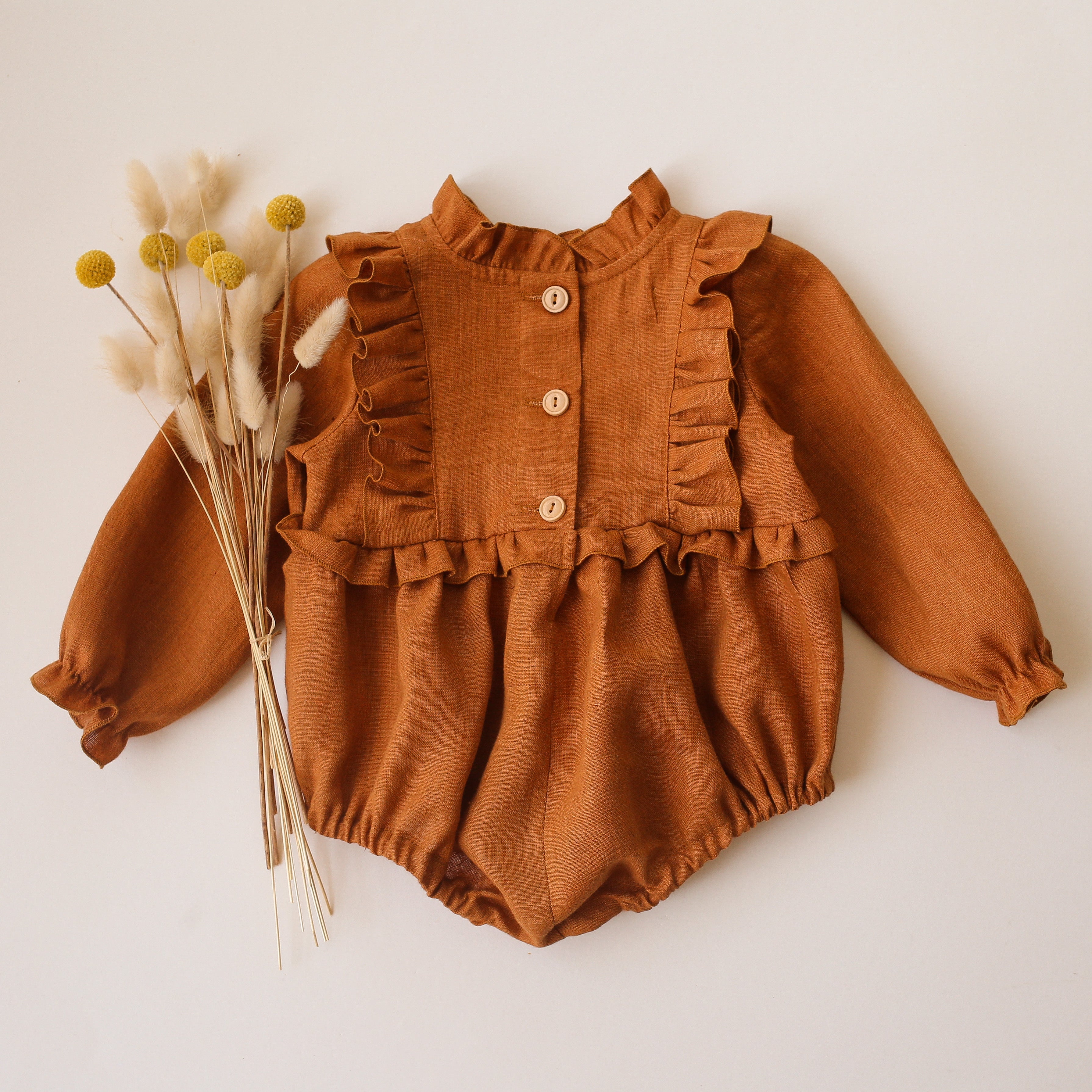 12-18 months - Burnt Orange Linen Long Sleeve Frills Bodice Bubble Playsuit