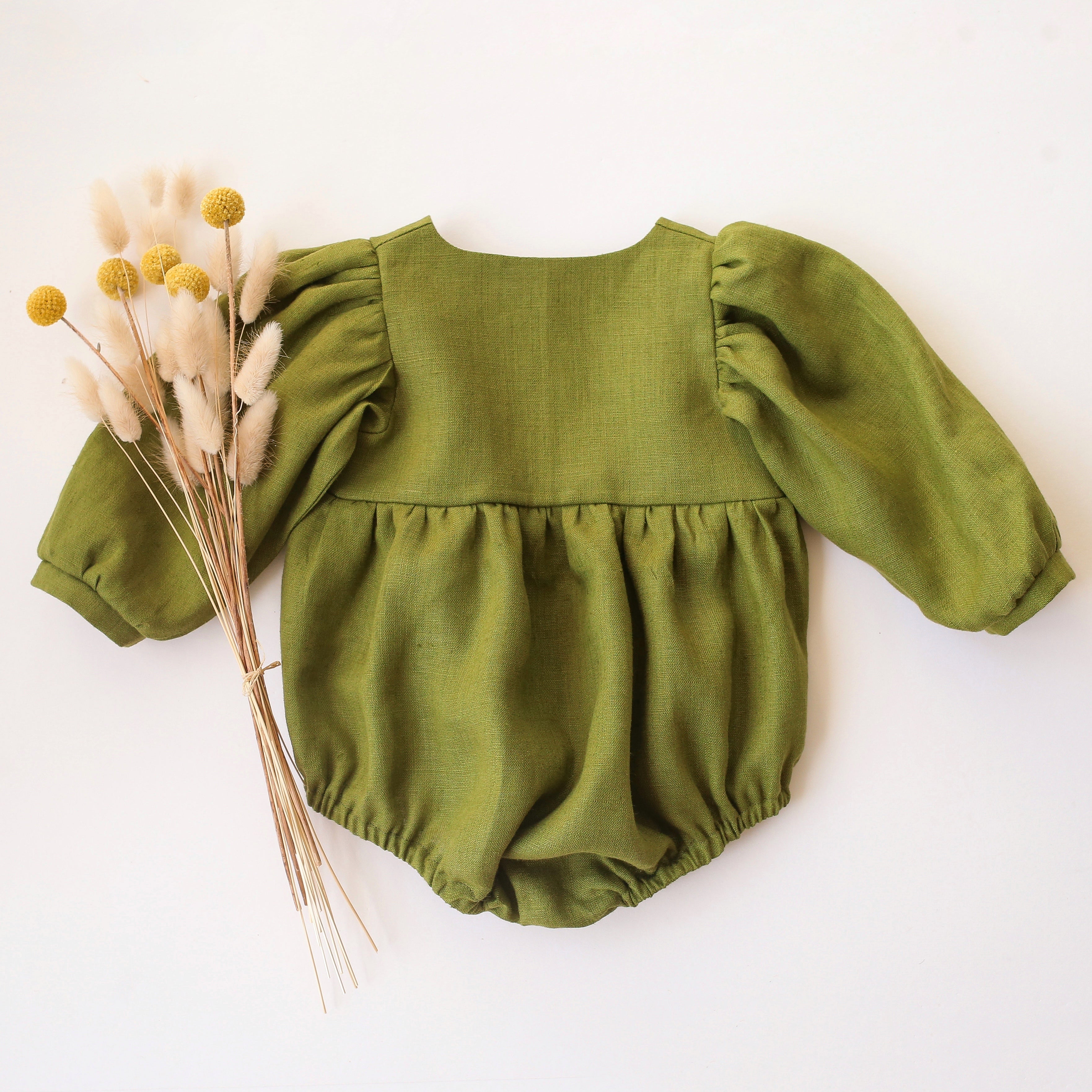 Forest Linen Long Sleeve Button Front Bubble Playsuit with V-Shaped Neckline