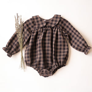 Taupe & Black Check Linen Long Sleeve Babydoll Bodice Bubble Playsuit